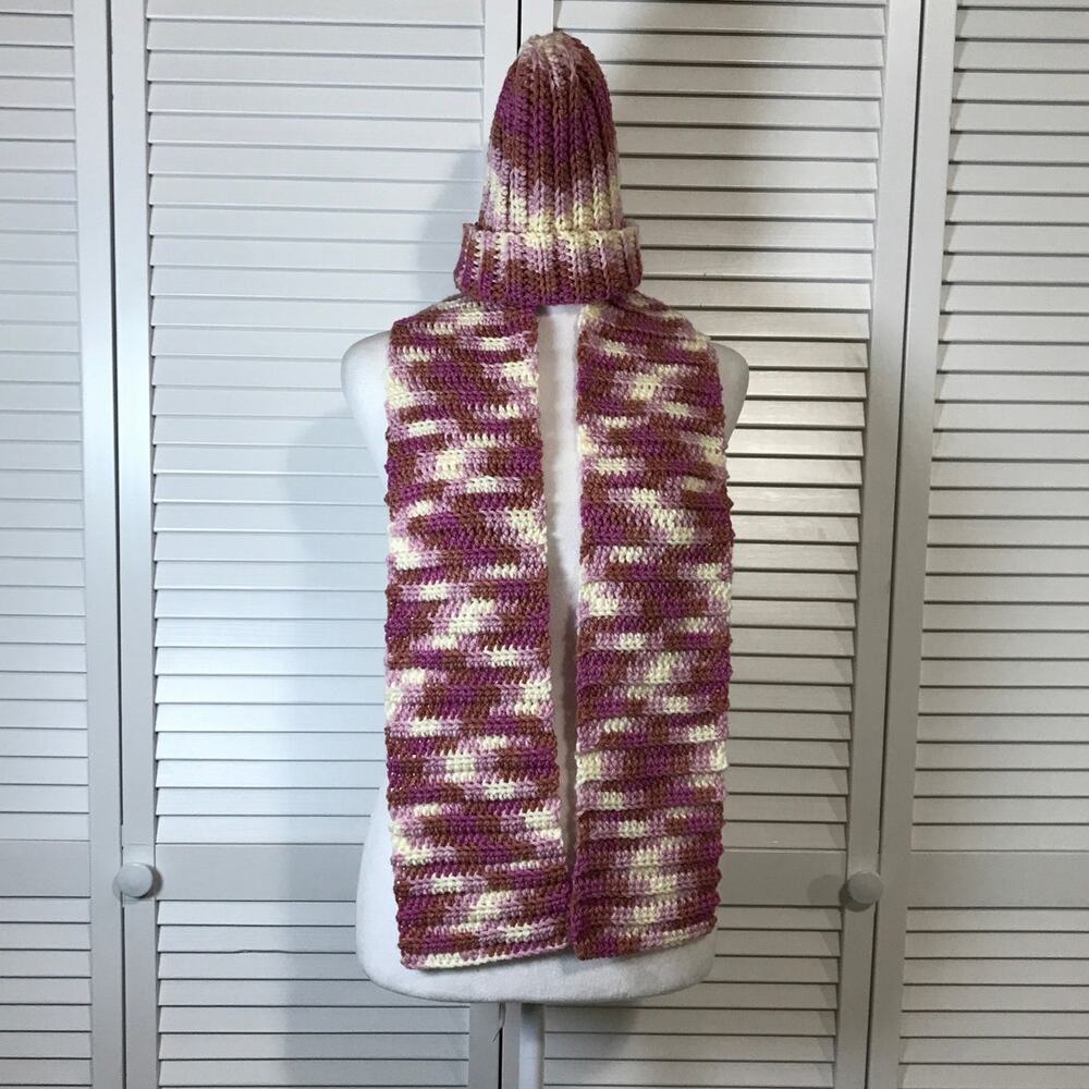 NWT Handmade Crocheted Pink Cream Textured Beanie & Scarf 54”